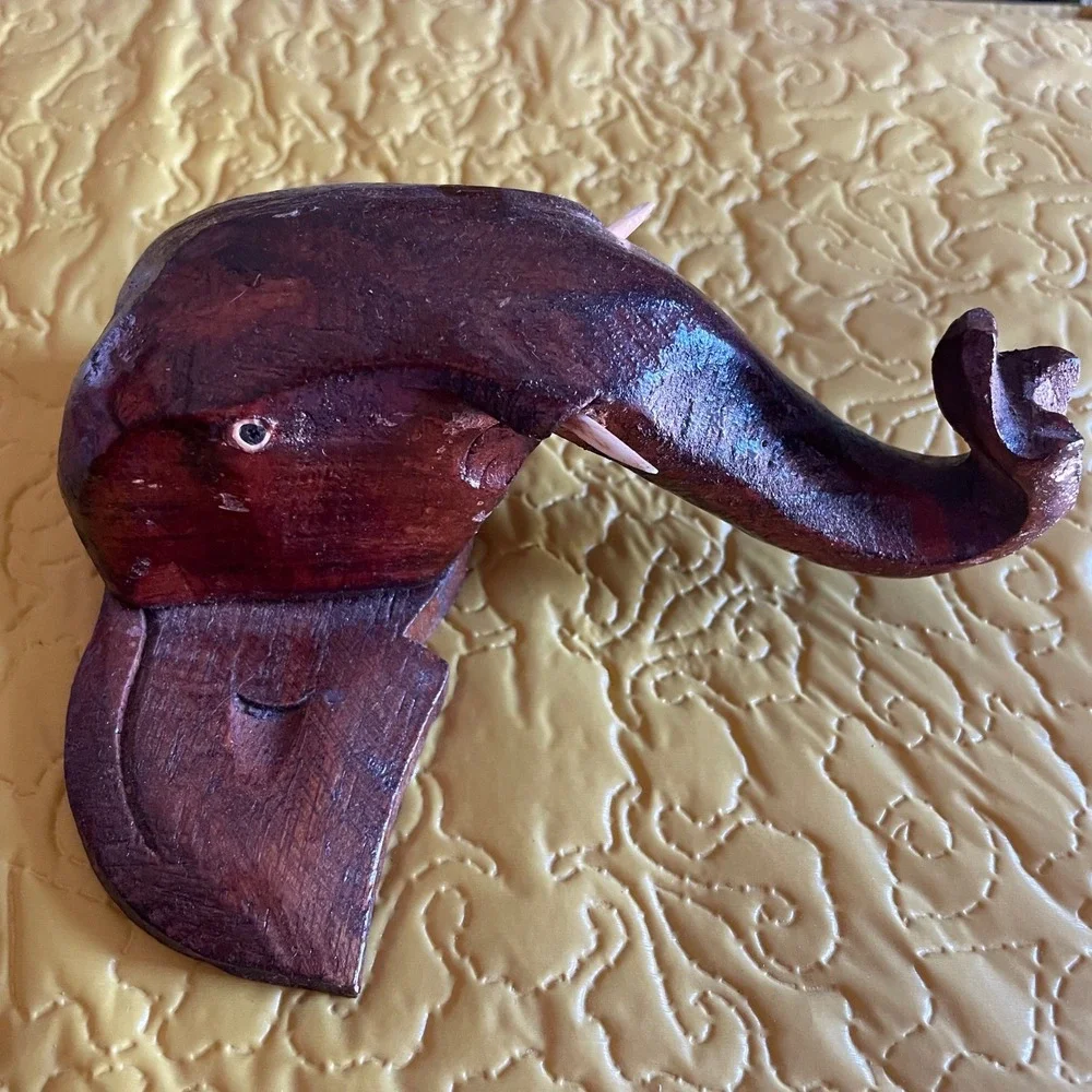 Konark hand carved vintage wood Elephant head tusk Wall Hanging India  Decor Art